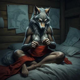 an anthropomorphic wolf woman hybrid full furry on her body sitting in the middle of a bed with a sewing needle and thread in her paw sewing a wide material belt, around her in the background are some paper with sketchy line kind drawings from monster on the walls of the wooden house, high realistic, detailed, cinematic, sci-fi, digital art, dark fantasy mood