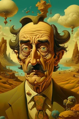 The painting of Salvador Dali in the style of grotesque caricatures, hyperrealistic landscapes, #pixelart, richly detailed genre paintings, time-lapse photography, haunting structures, zombiecore , in the style of quirky figurative ian spriggs paul barson comical figurative jim lively.