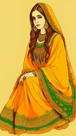 AN ILLUSTRATION OF a girl wearingmehdi lehnga dress