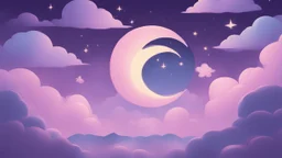 A series of twinkling stars in a purple night sky with clouds and a half-crescent moon, mysterious, in the style of a pastel and anime aesthetic