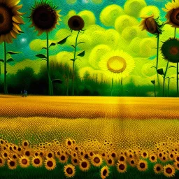 Dibujo al aceite de Campo de Girasoles con muchas nubes estilo Vincent van Gogh