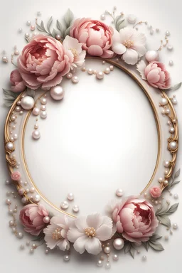 round vintage frame with flowers pionies and pearls, white precious stones on a white background, Trending on Artstation, {creative commons}, fanart, AIart, {Woolitize}, by Charlie Bowater, Illustration, Color Grading, Filmic, Nikon D750, Brenizer Method, Side-View, Perspective, Depth of Field, Field of View, F/2.8, Lens Flare, Tonal Colors, 8K, Full-HD, ProPhoto RGB, Perfectionism, Rim Lighting, Natural Lighting, Soft Lighting, Accent Lighting, Diffraction Grading, With Imperfections,