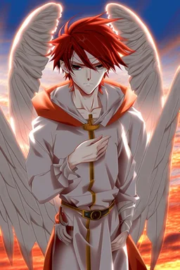 An anime adult male angel with messy red hair, gold eyes, large feathered white wings that looked burned