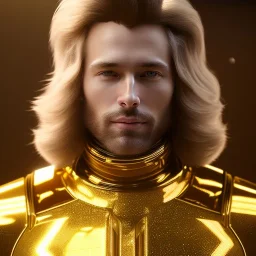 beautiful cosmic golden male, long hair, nice smiling, delicate colors, beautiful glamour galactic golden dress, ultra sharp focus, 8k, unreal engine 5, extremely sharp detail, light effect, soft light atmosphere of a spaceship, smooth, full of details, face in front, complete vision of face and body