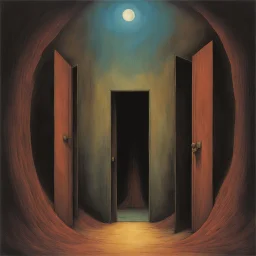 secret doorway, nightbreed cabal, abstract nightmare art, by Colin McCahon and Pawel Kuczynski and Beksinski, mind-bending color ink illustration; album cover art, dynamic composition, sinister oddball masterpiece, dynamic composition, complex contrast