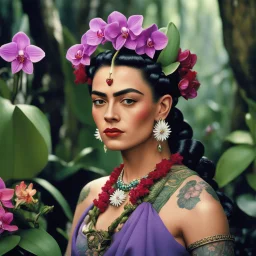 [high res photo by Ray Harryhausen] Frida Kahlo as a tattooed Viking warrior: she delicately picks the orchid flower with her mystical allure and enchanting fragrance. They are in a hidden garden deep within the heart of a mystical forest, where orchids bloom in a riot of hues - from deep purples to dazzling whites, each blossom a work of art crafted by nature's hand.