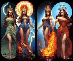 Four doll divine representing each one the four elements: fire, earth, air, and water. Mark Brooks and Dan Mumford, comic book art, perfect, smooth elemental galactic space core royalty queens crown.