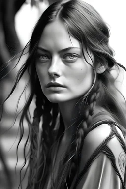 a black and white photo of a woman with long hair, lola dupre, satyr, trending on pinterest. com, by Rebecca Horn, 1920s vibes, pretty female phoebe tonkin, trending on artforum, inuit heritage, 1950s photograph, rene margitte, tassels, pigtail, björk, model photograph