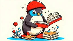 penguin sitting on mushroom and reading a book