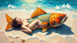 A dreamlike painting showcases a fantastical being with the lower body of a woman and the upper body of a fish, resting gracefully on a sun-drenched sandy beach. This mesmerizing creation captures the elegant fusion of human and aquatic features in exquisite detail, creating a sense of otherworldly beauty. The vivid colors and intricate brushstrokes elevate this artwork to a breathtaking display of surrealist artistry.