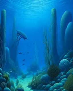 A blue underwater reef with fish and jellyfish painted by Caspar David Friedrich