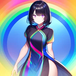 Clear Focus, High resolution, girl wearing a 1980 outfit, rainbow eyes, medium hair length, black hair with a gradient of rainbow