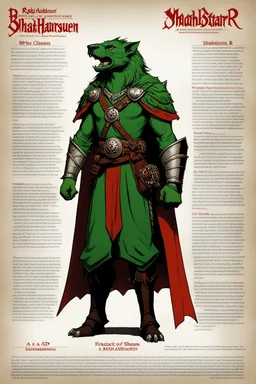 character concept sheet with AD&D statistics and characteristics, [high res photo by Ray Harryhausen for Mahābhārata module B3] a character of the Bravestarr Shaman class in green with a red cape and a pike