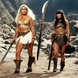 [Jameela Jamil (Tahani Al-Jamil) and Kristen Bell] as barbarian warriors with boots and her battle axe [Jason and the Argonauts (1963)]