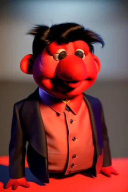 Waist up muppet Portrait, Kim Jong-un muppet doll, black suit, photo studio, red background, unreal engine 5, concept art, art station, god lights, ray tracing, RTX, lumen lighting, ultra detail, volumetric lighting, 3d.