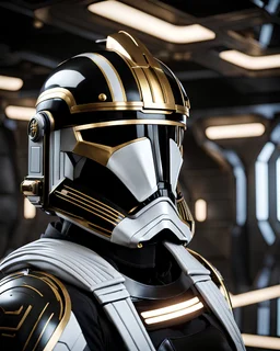 star wars bald male corellian pilot wearing pearlescent black and gunmetal grey First Order special forces armor and helmet with gold trim inside the jedi temple, centered head and shoulders portrait, hyperdetailed, dynamic lighting, hyperdetailed background, 8k resolution, volumetric lighting, light skin, fully symmetric details