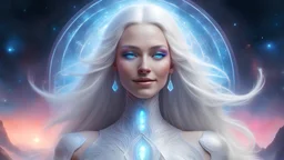 Photorealistic image ,Masterpiece, Gourgeuse tall Woman made of white metallic and crystal with luminous chakra, very long white hair, makeup beautiful perfect light blue eyes, smiling regard, inside Beautiful Galactic Mothership ,landscape of cosmic stars, full of details, smooth, neon,soft light atmosphere, light effect elegant, highly detailed, digital painting, artstation, concept art, smooth, sharp focus, illustration Sci-Fi Fantasy. starry night sky, nebula, insane detail, luxury, in