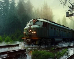 warrior in front, an abandoned train on tracks overgrown by nature with large puddles of water flooding part of tracks in background, 8k resolution, high-quality, fine-detail, intricate, digital art, detailed matte, volumetric lighting, illustration, 3D octane render, brian froud, howard lyon, selina french, anna dittmann, annie stokes, lisa parker, greg rutowski