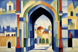 an open gothic_Arab gate in a blue-tiled wall with a view of an old city by artist "August Macke",by artist "Franz Marc"