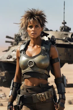 The scene zooms in on Halle Berry, her eyes focused and determined, as she stands before her tank in the desolate wasteland. The tank, a hulking metal beast, is adorned with makeshift armor and weapons, a testament to Tank Girl's resourcefulness and resilience. As the wind whips through her hair, Berry's character, Tank Girl, adjusts her goggles and tightens the straps of her leather jacket. She carries herself with a raw intensity, ready to face the dangers that lie ahead. The wasteland may be