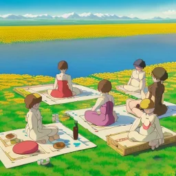 Groups Gingerbread people are sunbathing under a sunflower sun. Some gingerbread people are drinking from the lake