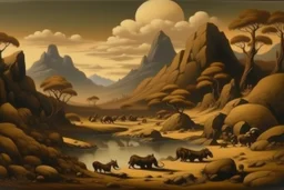 Sepia brown tar pits near a mountain painted by Thomas Hart Benton