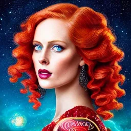 Deborah ann woll, her striking perfectly detailed clear eyes, her perfect, precisely detailed lightly freckled face, meticulously detailed long curly multi-hued ginger carrot cherry fire red hair, luminous colorful sparkles; by james r. eads, gawki, rajewel, tania rivilis, dan mumford, lisa frank, artgerm, greg rutkowski, alphonse mucha and william-adolphe bouguereau; glitter, airbrush, octane render, volumetric lighting, 16k, photorealistic digital painting, artstation, smooth, sharp focus, col