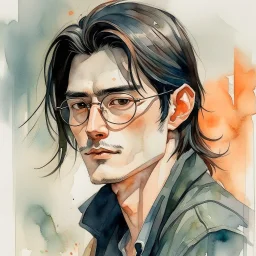 watercolour, large strokes, stylistic, portrait, illustration, dull colours, young, 20-something male, long black hair reaching the tailbone, brown eyes, has a certain aura of confidence,sharp facial features, slick angular glasses.