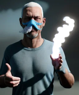 Realistic image, a guy making the fuck you gesture with his hand, blue smoke coming out of his eyes, nose and mouth. soft color, highly detailed, unreal engine 5, ray tracing, RTX, lumen lighting, ultra detail, volumetric lighting, 3d, finely drawn, high definition, high resolution.