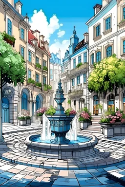 Street , city , plants , fountain , colours , beautiful, drawing