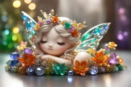 closeup, cute chibi sleeping fairy, Coloured glass flowers set with gemstones, glittering metal stems and gemstone leaves on a room table sharp focus elegant extremely detailed intricate very attractive beautiful dynamic lighting fantastic view crisp quality exquisite detail in the sunshine gems and jewels