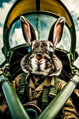 close up view of crazy kamakazi pilot rabbit, close view from the front window of the world war 2 fighter plane he is flying, pilot glases, crazy agressive look, in action attacking