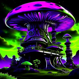 A fantabulous black, green and purple (((mushroom tower house))) erected atop a (geologic pillar), surrounded by the uncanny imaginative ((( swirling skies))), offset by the stark hues of a (neon-tinged nebulous space scape), within. captured by the hand a skilled master painter with a focus on (softly blurred compositions and voluminous lighting).