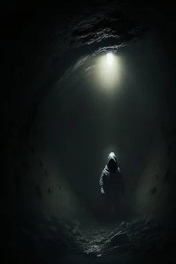 character in semi-darkness, on the scree cone of an underground room dimly lit by daylight coming from a well located forty meters above.