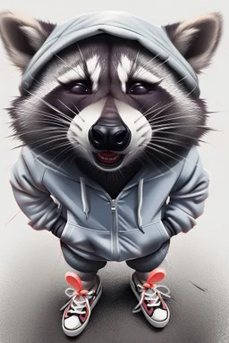 A cheeky raccoon, streetwear, hoody, sneakers,attitude,white background, 2d animation Drawing