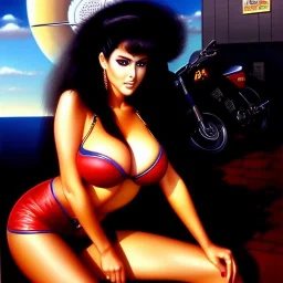 portrait of busty beautiful 'Female Rider on Akira Bike(1988)',painting by Earl Norem, simon Bisley, evan lee, 86-86, oil on canvas, cinematic composition, extreme detail,fit full head inside picture,8k