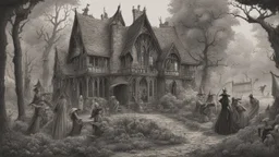 A gothic woodland house with a coven of witches dancing in front of it.