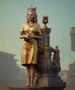 Statue of Queen of photography. Cute blonde woman. Photographer in golden crown. Standing on the street. Big camera in her hand. hyperdetailed, photorealistic, trending on artstation, greg rutkowski, beksinski, kodachrome, bokeh, red and gold