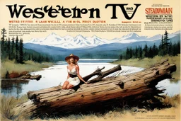WESTERN TV SERIES 1883 magazine high res photo cover by Ralph Steadman: special western, Faith Hill as matriarch Margaret Dutton in 1883: A Yellowstone Origin Story, lake, forest, meadow, on a log, undies