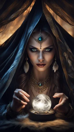 Hyper Realistic photographic-view of Wicked-&-Beautiful-Fortune-teller-with-cat-eyes wearing black-beed-necklace-&-bracelet angrily Looking at her crystal-ball glowing magically & sitting in her tent at dark-night decorated with fancy-traditional-feathers-&-tarot-cards showing dramatic & cinematic ambiance"