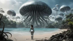 Detailed matte painting of a wide-angle shot of a woman, standing on the right side of an alien beach, with dark hair in a silver robotic catsuit, many large floating jellyfish with octopus tentacles, alien jungle trees in the distance