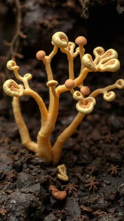 Life Cycle of Fungi (45-50 seconds): "A detailed image of mycorrhizal fungi growing and branching out in rich soil, with textures that highlight their intricate structures, hyper-realistic."