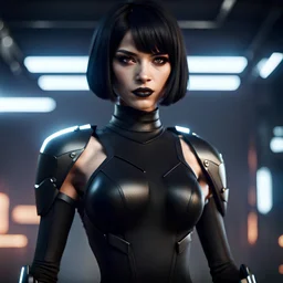 black haired futuristic assassin, short bob hairstyle, dark eyeshadow, black bodysuit, black lipstick, relaxed confident powerful intense, slight smile, Unreal Engine rendering, 8k, video game character