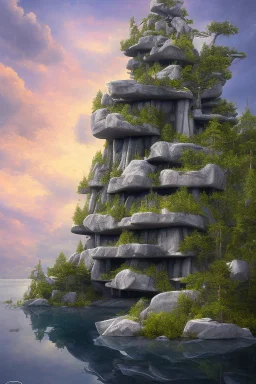 futurist building on a lake shore with trees and rocks