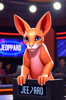 A sphinix in a top show jeopardy tv. Tv set with people