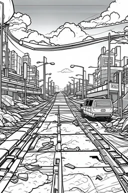 Outline art, no shading, machine on the road, cartoon style, black and white, low detail, --ar 9:11