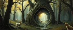 in the magical mirror forest we get a strange portrait and you enter the strangest bubble doorway to weird dimension and the aura of its heavenly fluffy elevated messed up woodland and ad & d monster creatures flock painted by Nerdrum and Rembrandt