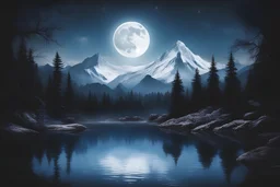 black, blue and white colors, fullmoon, pond, mountain, forest