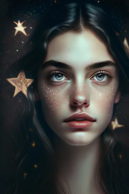 A very beautiful and attractive girl with a symmetrical face, with stars behind her