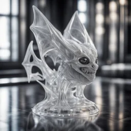 giger escher bat sculpture in transparent white murano glass,bokeh like f/0.8, tilt-shift lens 8k, high detail, smooth render, down-light, unreal engine,bokeh like f/0.8, tilt-shift lens 8k, high detail, smooth render, down-light, unreal engine